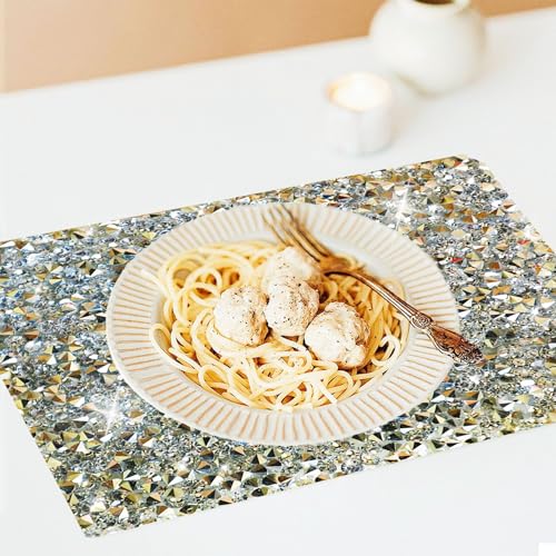 Mxcver Silver Placemats Silver Heat Resistant Mat Square Placemats Silver Trivets Rhinestone Decor Place Mat Crushed Diamond Decor Bling Sparkly Mat Set Of 2 thumb #6
