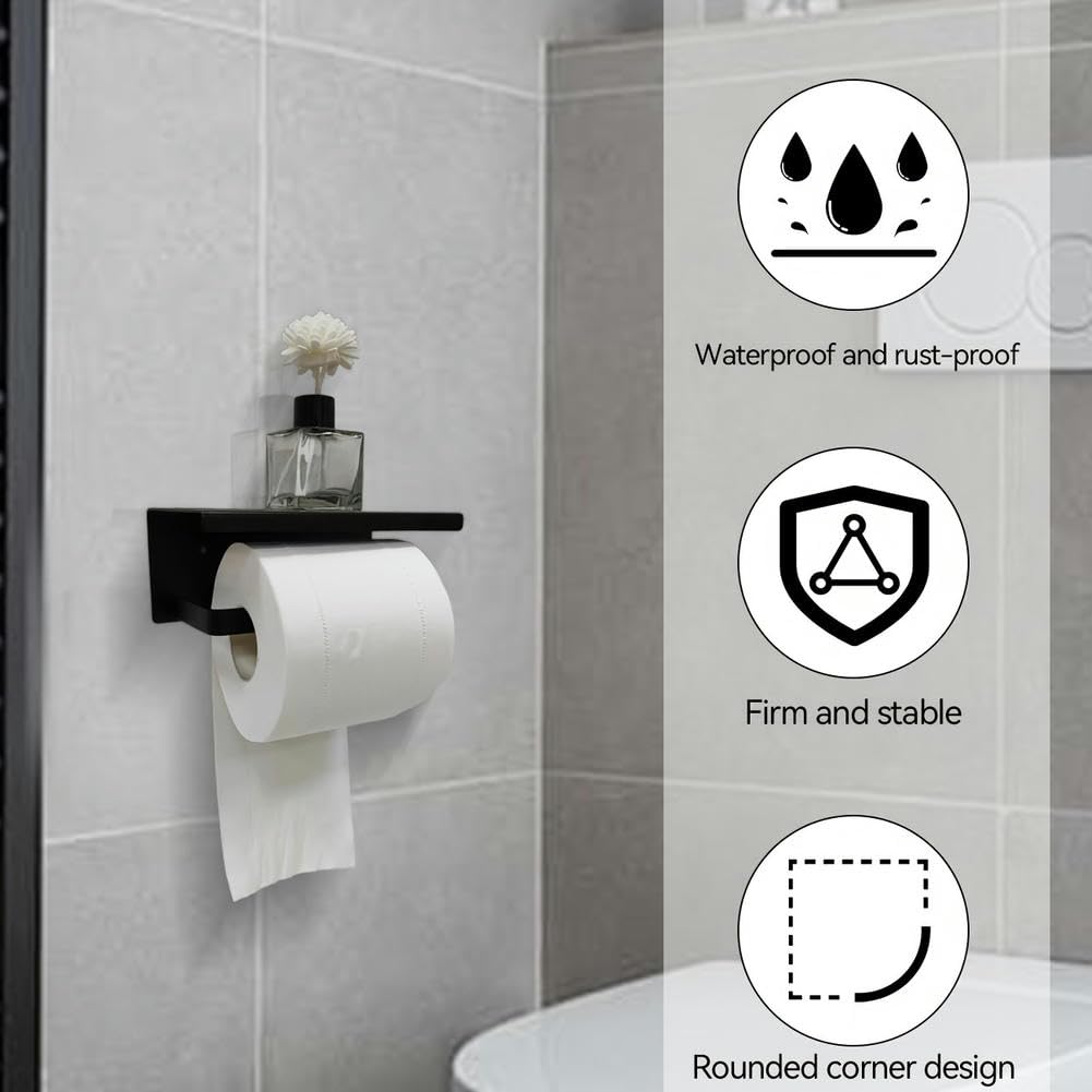 Set di 3 supporti per carta igienica, in acciaio inox, colore nero, con scaffale, dispenser di carta igienica