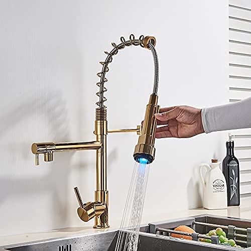 Grifos de Cocina, Grifo de Bronce Negro, latón, extraíble, LED, Grifo de Cocina, Grifo Mezclador para Fregadero, Grifo Mezclador de Agua Caliente y fría, grifos de baño/Dorado