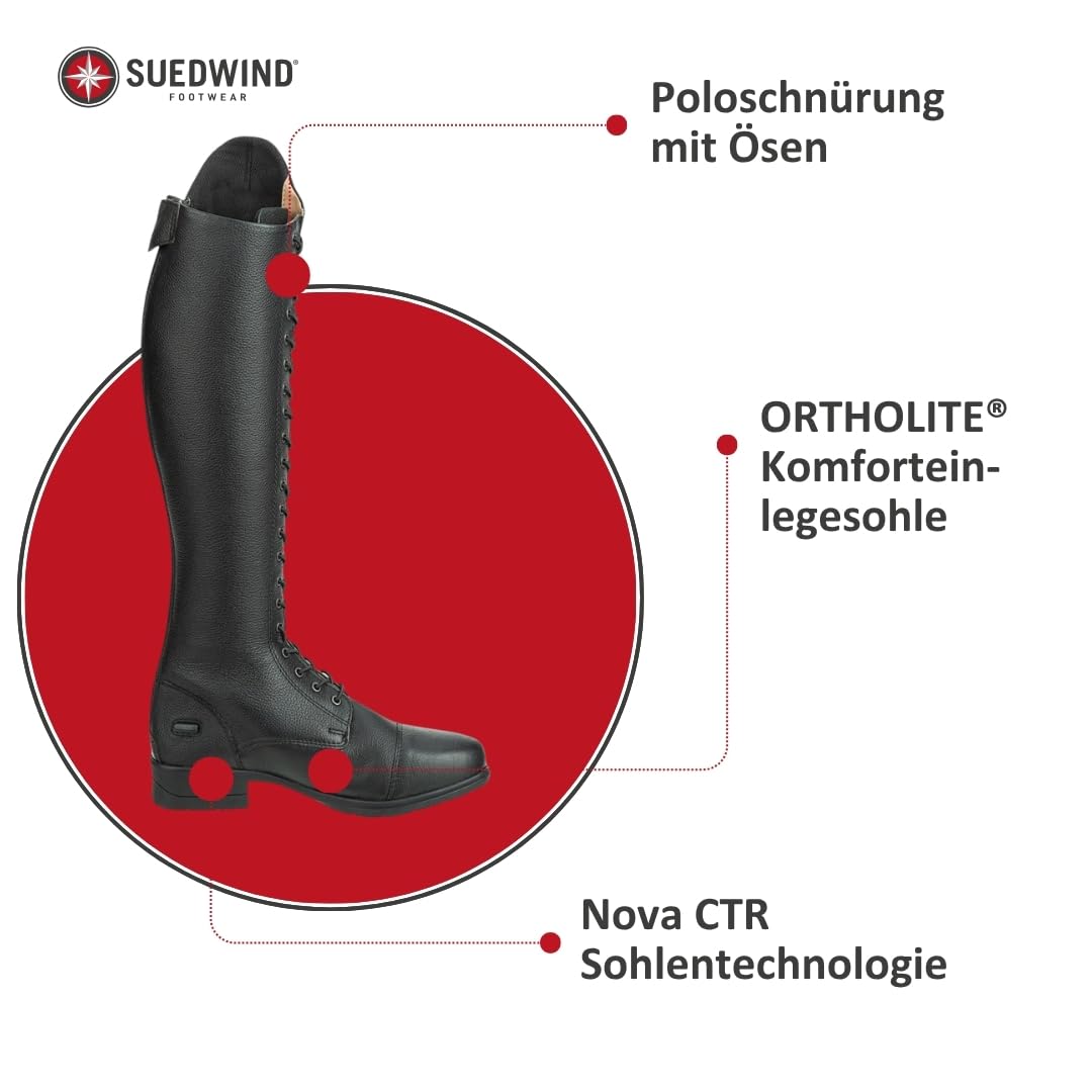 SUEDWIND FOOTWEAR Kinder-Reitstiefel aus Leder Nova Kids Fun Leather Polo – Stiefel zum Reiten – Polo-Schnürung, SBS 8 Reißverschluss & Ortholite-Innensohle – schwarz – Gr. 29-41