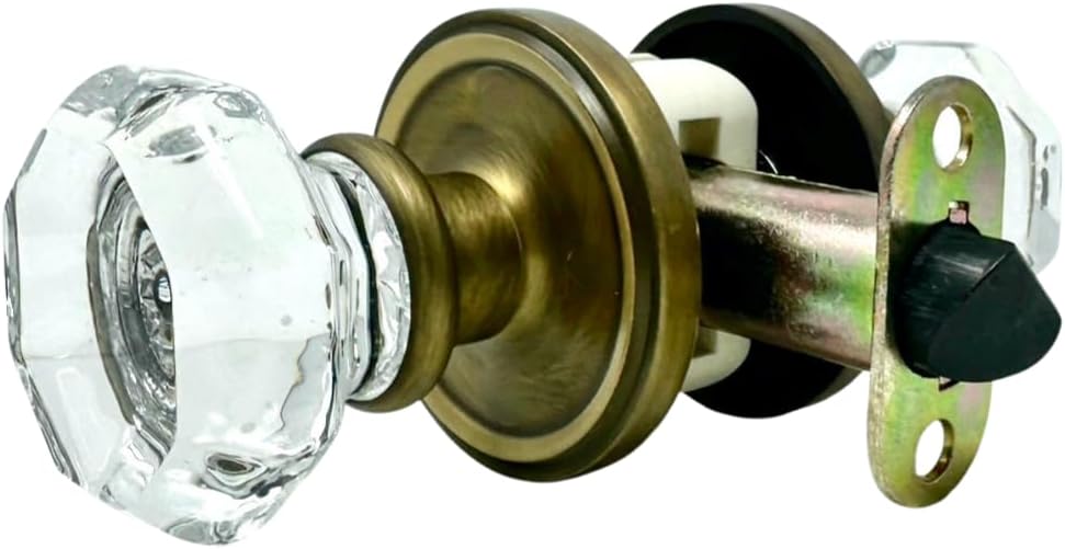 Rousso's Reproductions Classical Privacy Door Knob Set with Octagon Glass Knobs, Crystal Clear, Solid Brass with Antique Finish, Gold