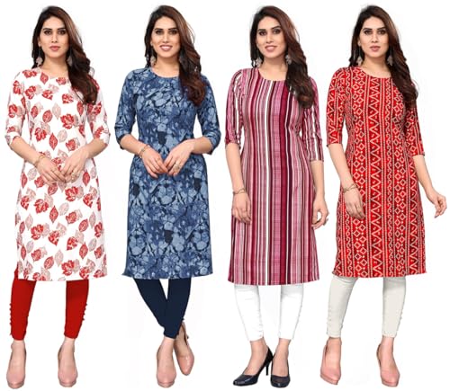 Image of JAKHANA Women's Crepe Printed Casual Straight Calf Length Round Nick Kurta Pack of 4
