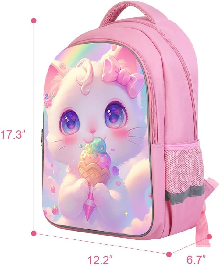School Backpack for Girls Cute Cat Backpack for Kids School Bag for Elementary Preschool 17" Rainbow Bookbag for Toddler - Image 3
