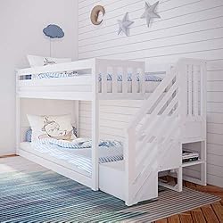 Max & Lily Low Bunk Bed, Twin-Over-Twin Bed Frame For Kids With Stairs, White Max & Lily Low Bunk Bed, Twin-Over-Twin Bed Frame For Kids With Stairs, White