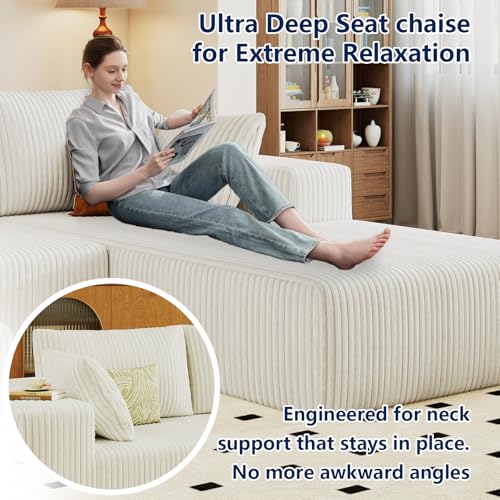 Image of 96 inch Modular Sectional Sofa, Modern Corduroy Cloud Couch with Deep Seat, Boneless Couch Upholstered 3-Seater L-Shaped Sofa for Living Room, No Assembly Required (White, Right-Facing Chaise)