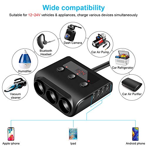 Kingwei Allume Cigare USB 100W,Adaptateur Allume Cigare à Charge Rapide, 3 Prise Allume Cigare Splitter 110 W 4 Ports USB et Interrupteur Séparé pour la Tablette IPhone IPad GPS - Image 7