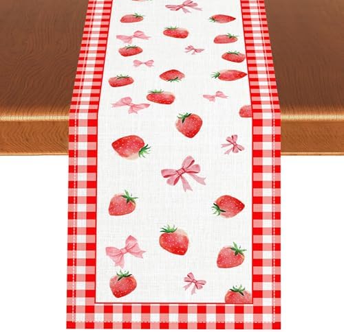 Strawberry Table Runner, Red Spring Summer Retro Strawberry Fruits Buffalo Plaid Farmhouse Coffee Table Center Decor for Home Kitchen Dining Patio Hol