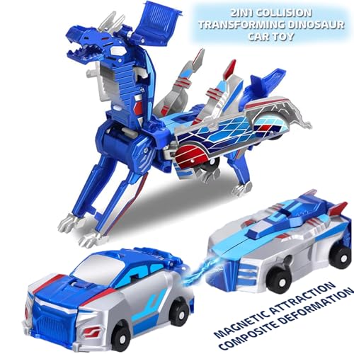 Image of Collision Transforming Dinosaur Car Toy, Magnetic Dinosaur Transformer Car for Boys & Girls Party Favors Birthday Christmas (Blue)