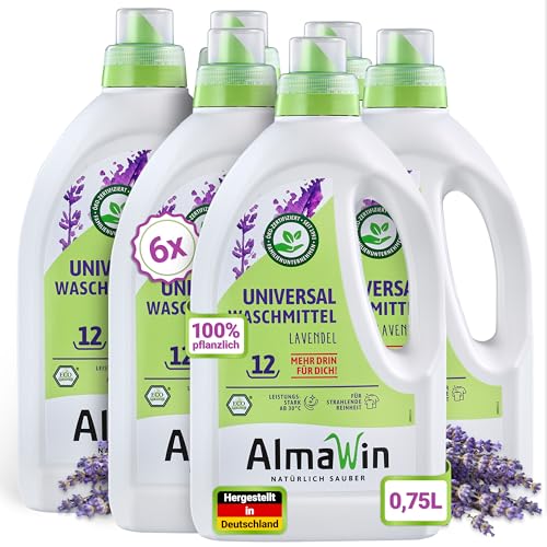 AlmaWin Lessive universelle lavande 6 x 750 ml, 12 lavages, végétalien