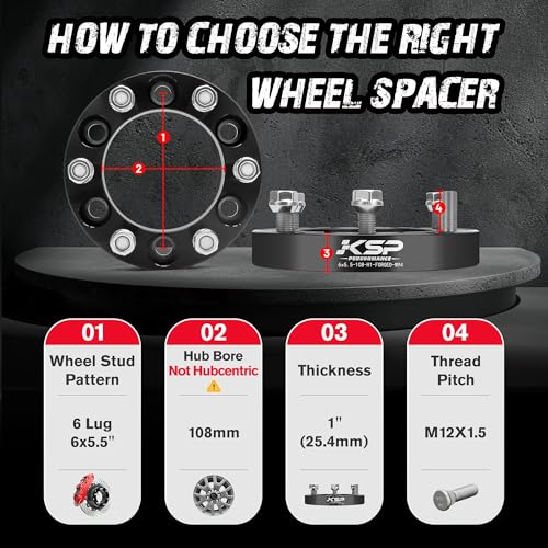 Image of KSP 1 inch 6X5.5 Wheel Spacers for Tacoma 2016-2023, 6x139.7 mm to 6x139.7 mm Thread Pitch M12x1.5 Hub Bore 108mm Adapters for 6 Lugs Tacoma 2005-2015, 4Runner Tundra FJ Land Cruiser, Not Hubcentric