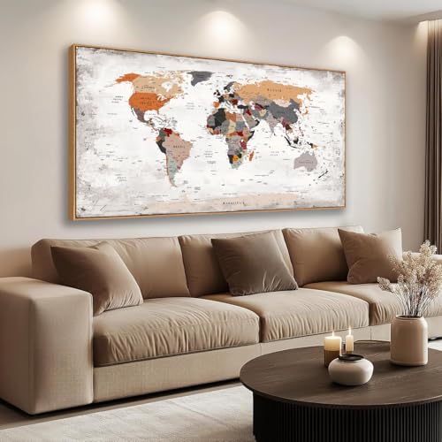 BQVCT Large World Map Wall Art, Framed Canvas Print, Office World Map Wall Decor Map of the world Picture Artwork Decor for Home Bedroom Decoration 30 x 58 inch Ready to Hang by BQVCT - Used condition - US$161.33
