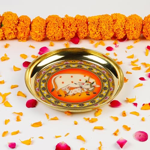 Image of Klassic 6 Inch Handcrafted Brass Thali /Aarti Plate | Cow Design, Beautifully Embossed Colorful Decorative Plate for Puja /Worship, Aarti, Karwa Chauth, Navratri, Diwali Gift | Medium(Pack of 1, Golden)