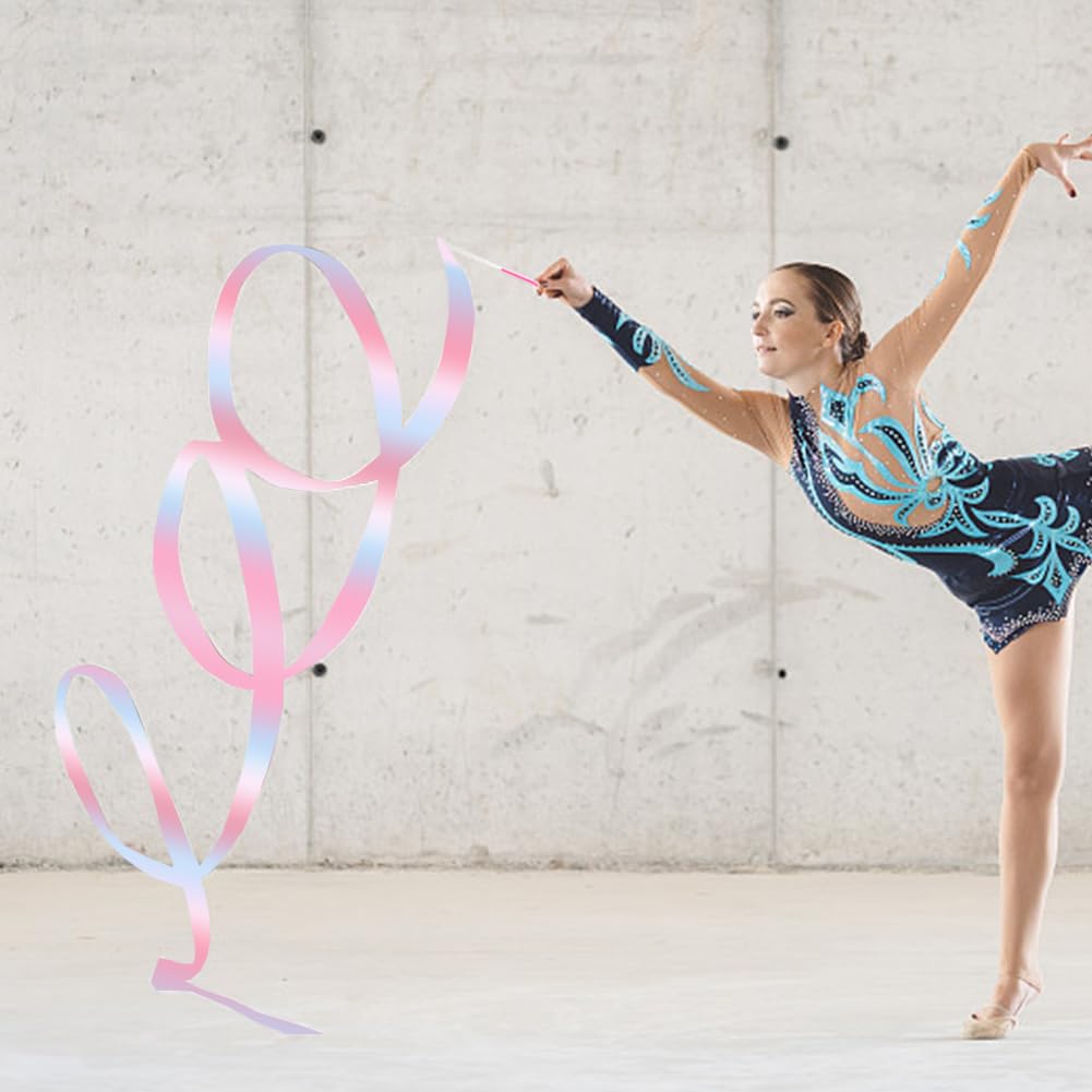 CREATCABIN Rubans Danse Polycoton Gymnastique Étincelants Banderoles Gymnastique Rythmique Roses avec Baguette 1.95m