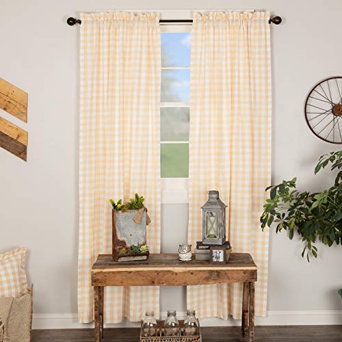 VHC Brands Farmhouse Tan Antique White Buffalo Check Cotton Annie Curtains Rod Pocket Tie Back(s) Panel Pair