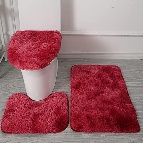 VARCHIT Thickened 3 Piece Bath Rugs Set, Upgraded Gradient Color Bathroom Rug Soft Microfiber Long Hair Bath Absorbent Mats Includes Bath Rug, Contour Mat, Toilet Seat Cover (Wine Red)