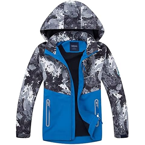 LAUSONS Boys Waterproof Jacket Kids Coat Camo Girls Lightweight Windbreaker Outdoor Fleece Raincoat with Hood Grey Lable XXXL / 13-14 Years Cover