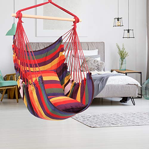 Oncloud Hanging Rope Hammock Chair Swing Seat For Yard, Bedroom, Patio, Porch, Indoor / Outdoor - 2 Seat Cushions Included (Rainbow) #TOP2