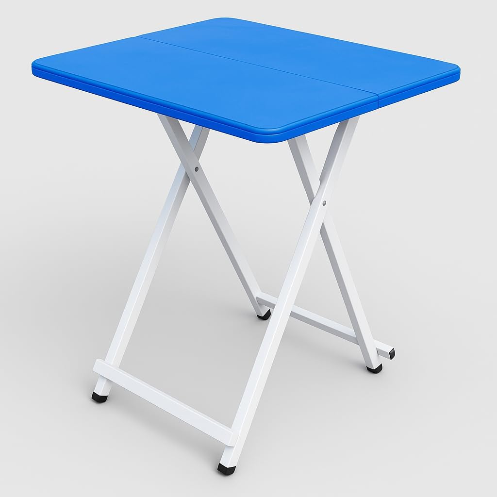MLU Portable Folding Table with X-Frame Stand, Blue Plastic Top with White Metal Legs, Compact Side Table for Living Room, Home and Office-image-17