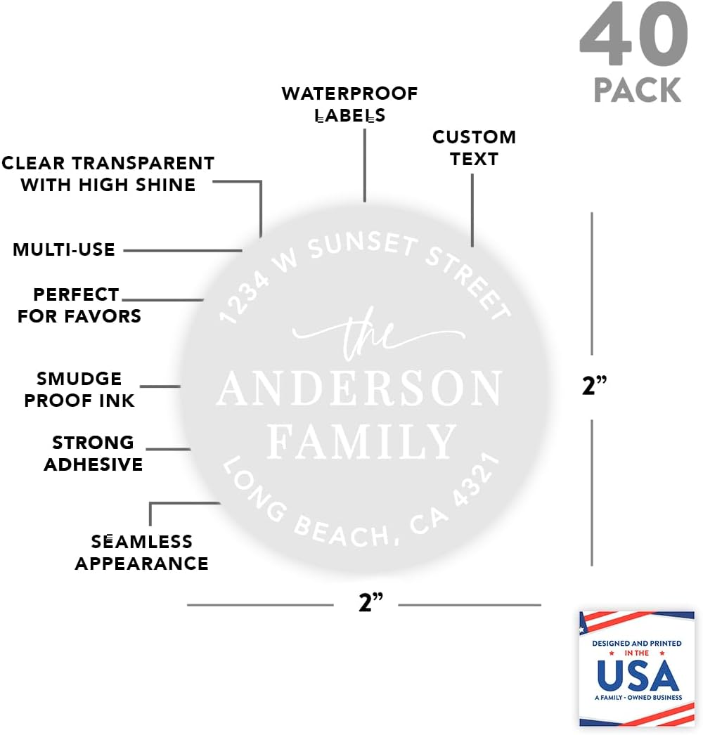 Andaz Press 2" Round Clear Personalized Wedding Return Address Labels with White Ink, Custom Family Name Transparent Envelope Tab Sealer Self-Adhesive Mailing Stickers for Wedding Invitations, 40-Pack