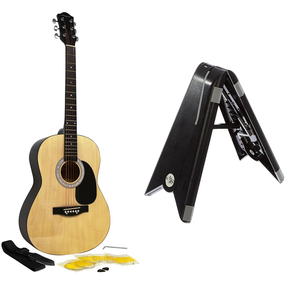 Martin Smith Akustikgitarre mit Gitarrensaiten, Gitarrenplektren & Gitarrengurt - Natürlich & tragbare Klappgitarrenständer klassischen Gitarrenständer Akustikgitarrenständer und E-Gitarrenständer