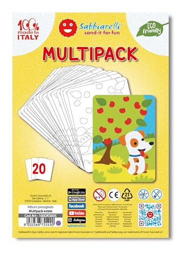Sabbiarelli Sand-it For Fun - Multipack Verano: 10 Hojas Adhesivas A5 con 20 Dibujos Iguales para Colorear con Arena (NO INCLUIDA) - Taller Creativo para Niños 3+