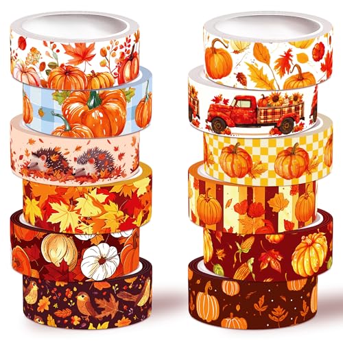 Washi Tape Set,12 Rolls Fall Pumpkin Maple Leaves Decorative Tape Autumn Grid Dots Thanksgiving Masking Tape for Journaling Supplies,Journal, Scrapbooking, DIY Arts & Crafts, Gift Wrapping
