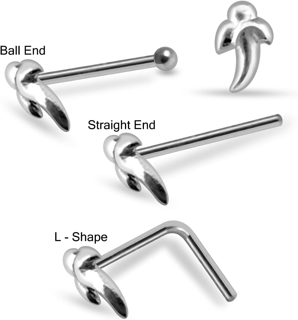 20 Pieces Box Set Plain Embossed Tribal Design 22 Gauge 925 Sterling Silver Ball End, Straight End, L Shape Nose Stud - Nose Pin - Tiny Nose Ring - Nose Piercing Body Jewelry