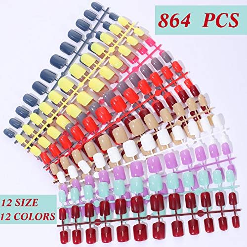 864 Pieces Short Square Press on Nails 12 Colors Medium Ballerina Square Nails Full Cover Glossy Coffin Square Fake Nails Colorful Artificial False Nails for Women and Girls Nail DIY