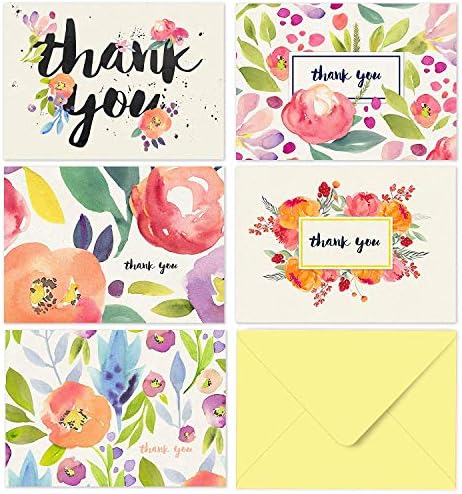 Fresh & Lucky 40 Thank You Cards With Yellow Envelopes - Multiple Watercolor Floral Graphic Designs - Perfect For Wedding Gifts, Birthday Gift, Party Invitations, Business Events, Donation Events And Any Occasions