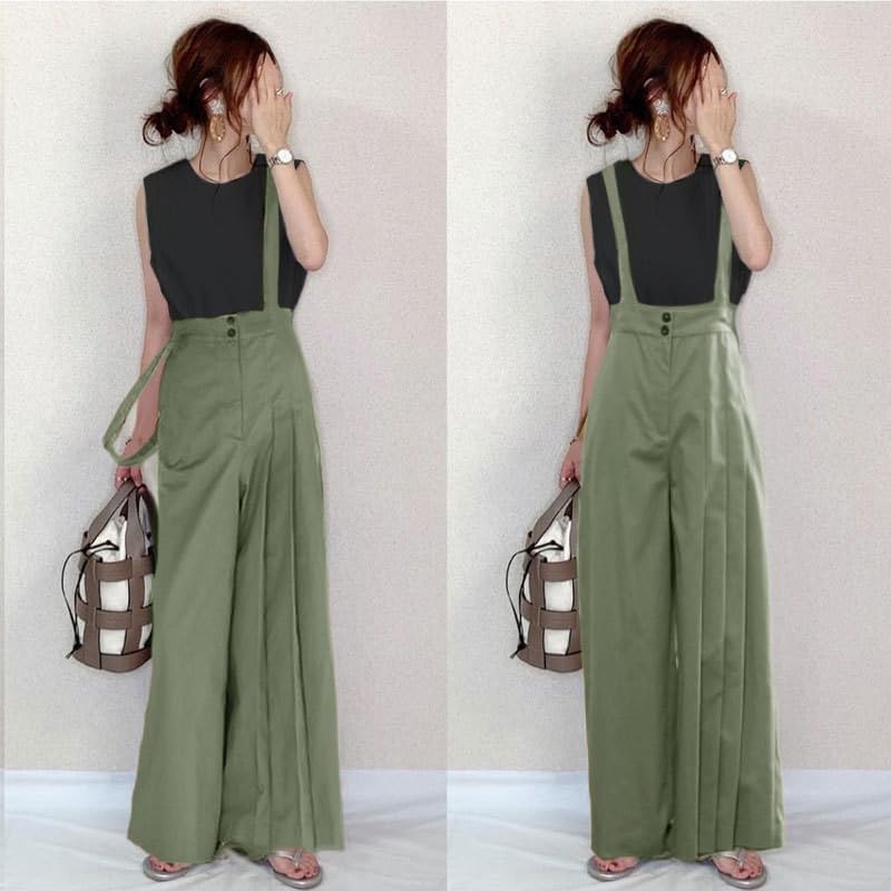 [ジュタオピン] オーバーオール レディース 夏 サロペット オールインワン 体型カバー ワイドパンツ おしゃれ つなぎ ゆったり