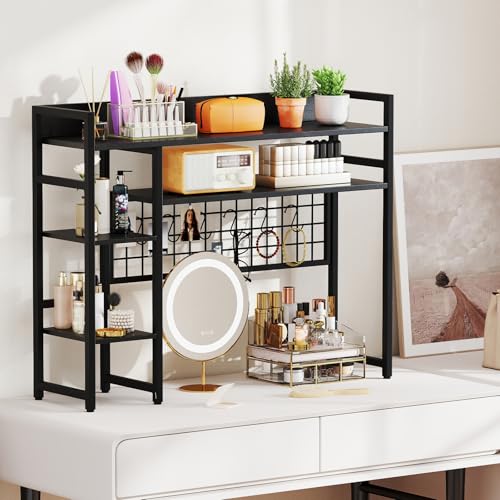 Image of Tangkula Desktop Bookshelf for Computer 32 inch Monitor, 37 inch Countertop Storage Hutch with 4 Open Storage Shelves, Grid Panel, Anti-tip Device, 4-Tier Desktop Display Shelves for Home Office