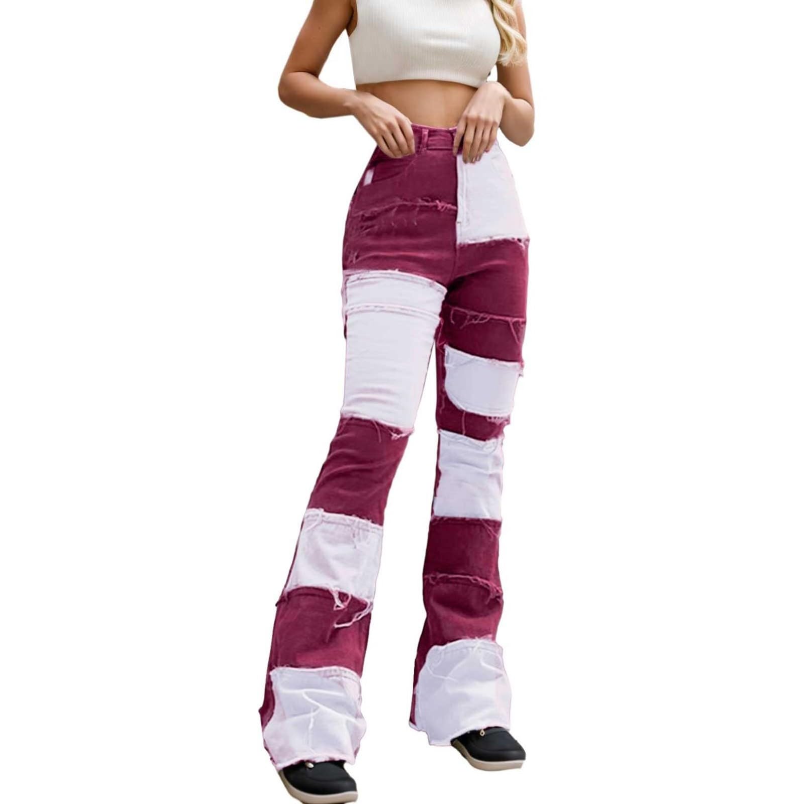 Jeans Skinny a Vita Alta con Toppe a Contrasto da Donna, Pantaloni in Denim con Orlo a Vita Alta, Stile Boyfriend