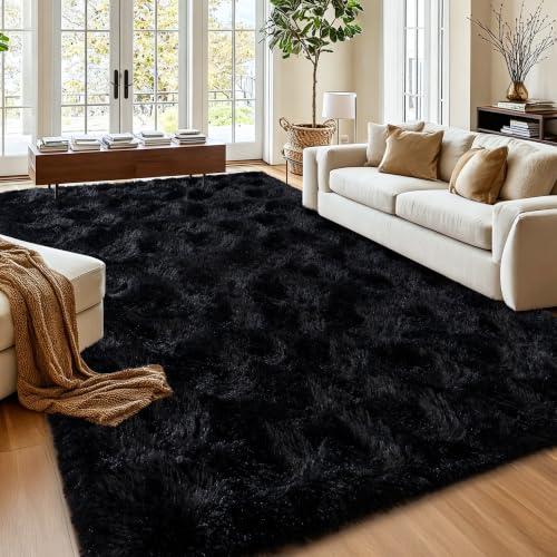 Image of Mugorn 8x10 Area Rugs for Living Room, Large Fluffy Black Rugs for Bedroom | Soft Carpet Shag Kids Room Rug, Non-Slip Fuzzy Rugs Indoor