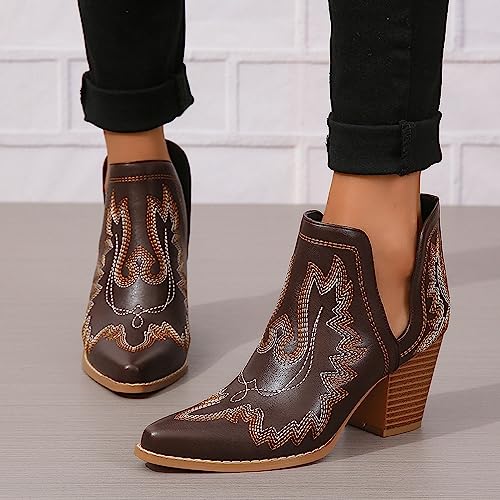 Image of SelRoys Cowboy Boots for Women Cowgirl Ankle Western Embroidered Stitched Pointed Toe Cutout Chunky Heels Short Booties Red Brown Black US5-11