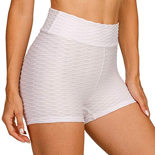 Meet Nice Women's Sport Fitness Gym Stretchy High Waisted Ruched Butt Lifting Workout Running Yoga Shorts (S, White3)