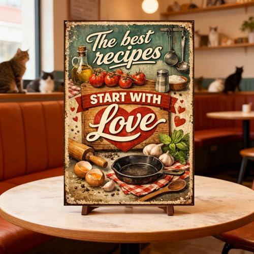 The Best Recipes Start With Love Vintage Tin Sign Rustic Kitchen Wall Decor Metal Plaque Farmhouse Cooking Art Food Illustration Cafe Pantry Dining Room 8x12 Inch Pre Drilled Holes - Image 2