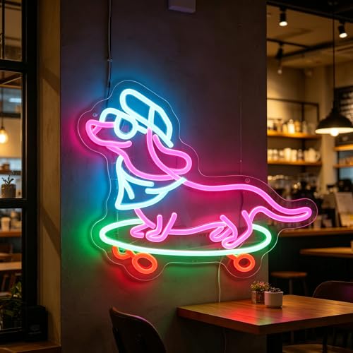 Image of Dachshund Skateboarding Dog Neon Sign - Funny Wiener Dog on Skateboard LED Light for Game Room Man Cave Bedroom Wall Decor, Dimmable USB Powered, Cool Unique Gift for Dachshund Owner Dog Lovers Skateboarder Christmas Birthday (Warm White)