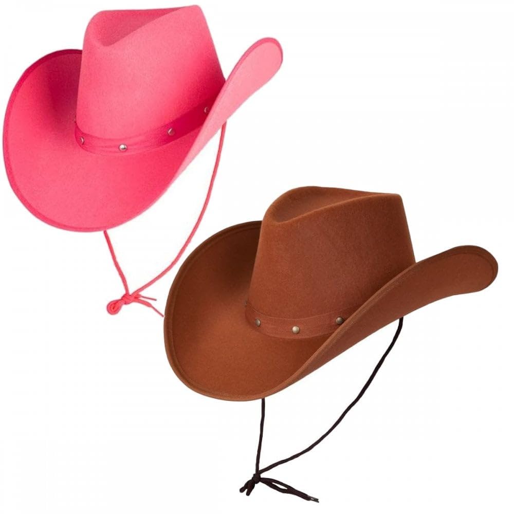 Titch & Timbo Adult Texan Cowboy Hat 2 Pack (Multiple Options) : Fancy Dress Party Accessory Country Western Rancher Wild West Music Festival (Classic Texan, Brown,Hot Pink)