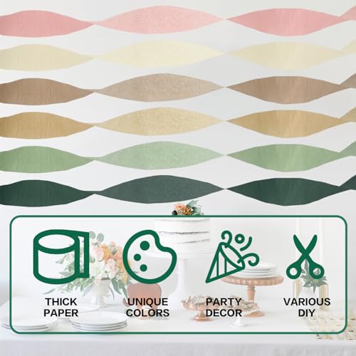 Image of Crepe Paper Streamers Party Decorations - 6 Rolls Grass Green Gold Pink Olive Green Beige Khaki Streamers, Crepe Paper Rolls for Birthday Wedding Party