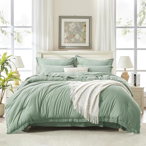 Image of Andency Oversized King Comforter Set Sage Green 120x98-7 Pieces Boho Tassel Bed in a Bag Soft Lightweight Bedding Sets, Fringe All Season Bed Set with Comforter, Sheets, Pillowcases & Shams