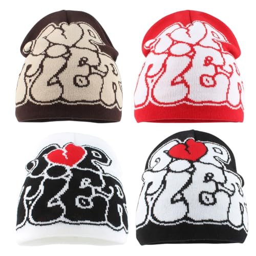 Image of yolrdiw 4 Pieces Y2k Beanie Letter Graphics Knitted Hat Winter Warm Skull Cap for Women Men