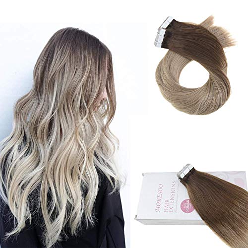 14 Inch Unprocessed Hair Extensions Tape in 20PCS 50G Seamless Hair Extensions Tape in Hair Extensions Balayage Color 4 Brown to 16 Blonde Skin Weft Human Hair