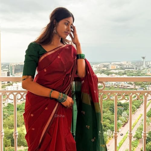 Image of Original Maheswari Cotton Silk Saree for Women | Kanjivaram Pure Silk Cotton Sari with Blouse | Zari Work | Tassels | Handloom Weave