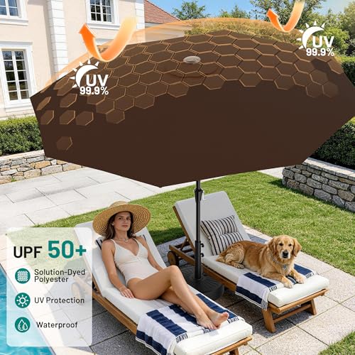 Image of AreShark 9 FT Patio Umbrella for Outdoor, Outdoor Table Umbrella with Push Button Tilt and Crank, Outdoor Patio Umbrellas with 8 Sturdy Ribs for Market, Garden, Pool (Brown)