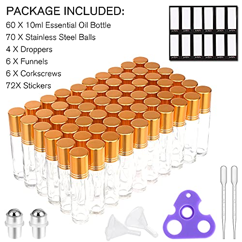 Prettycare Essential Oil Roller Bottles 10 Ml (Clear Glass, 60 Pack, 10 Extra Roller Balls,72 Labels, 4 Opener, 4 Funnels,4 Pipettes Roller Balls For Essential Oils, Roll On Bottles For Diy #TOP5