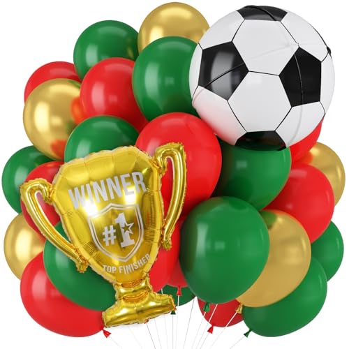 Red and Green Soccer Balloons 12 Inch Green and Gold Soccer Balloons with 22 Soccer Foil Ball Gold Trophy Balloon for Boys Men Sports Theme Birthday Football Game Day Party Decorations Supplies