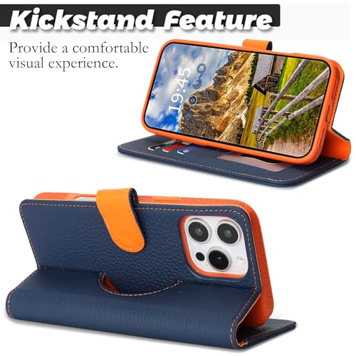Image of Detachable Genuine Leather Case for iPhone 16 Pro Max Wallet Case Magnetic 2in1 Removable Flip Cover Book Purse Compatible with Magsafe Charging Kickstand Card Holder-Navy Blue+Orange