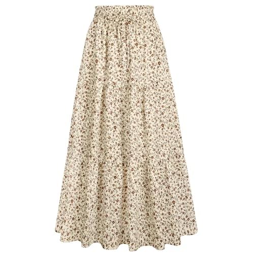 HUSKARY Women's Summer Long Maxi Flowy Tiered High Waist Trendy Ruffle Skirt with Pockets Large Flower08