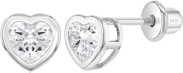 925 Sterling Silver Cubic Zirconia Bezel Heart Screw Back Earrings for Girls 7mm - Adorable Heart Stud Earrings for Toddlers, Little Girls, and Young Teens - Beautiful for An Everyday Accessory
