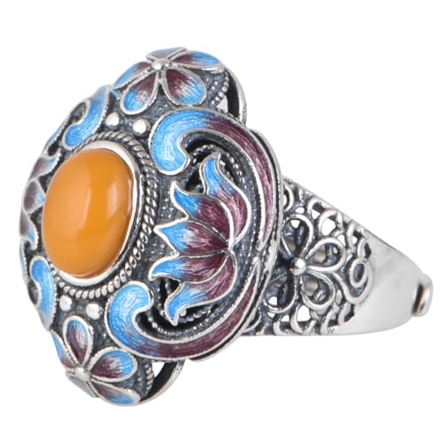 Bague fleur en émail bleu en argent 925 cloisonné fait main